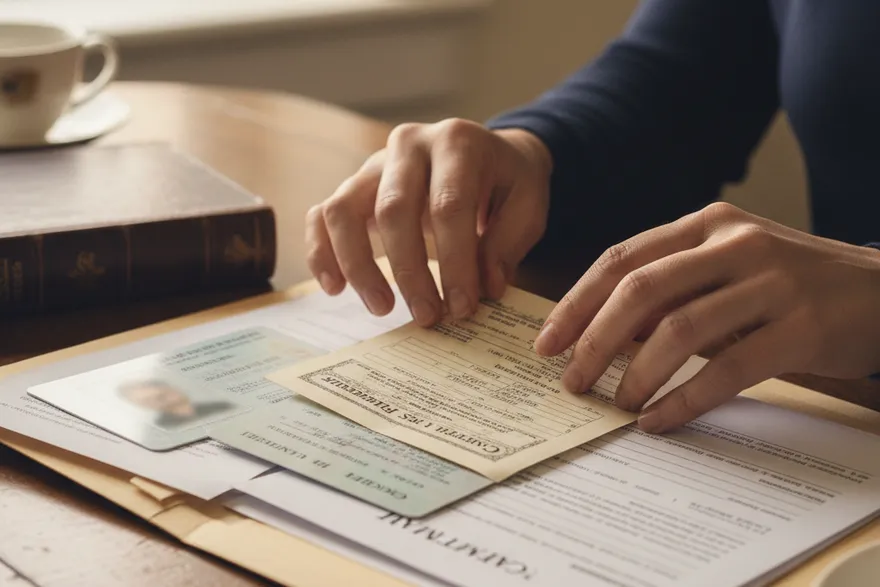 A person organizing ID and ownership documents to file a surplus-funds claim themselves