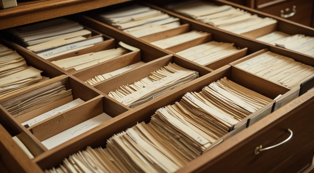 A filing drawer of old county records under warm archival light