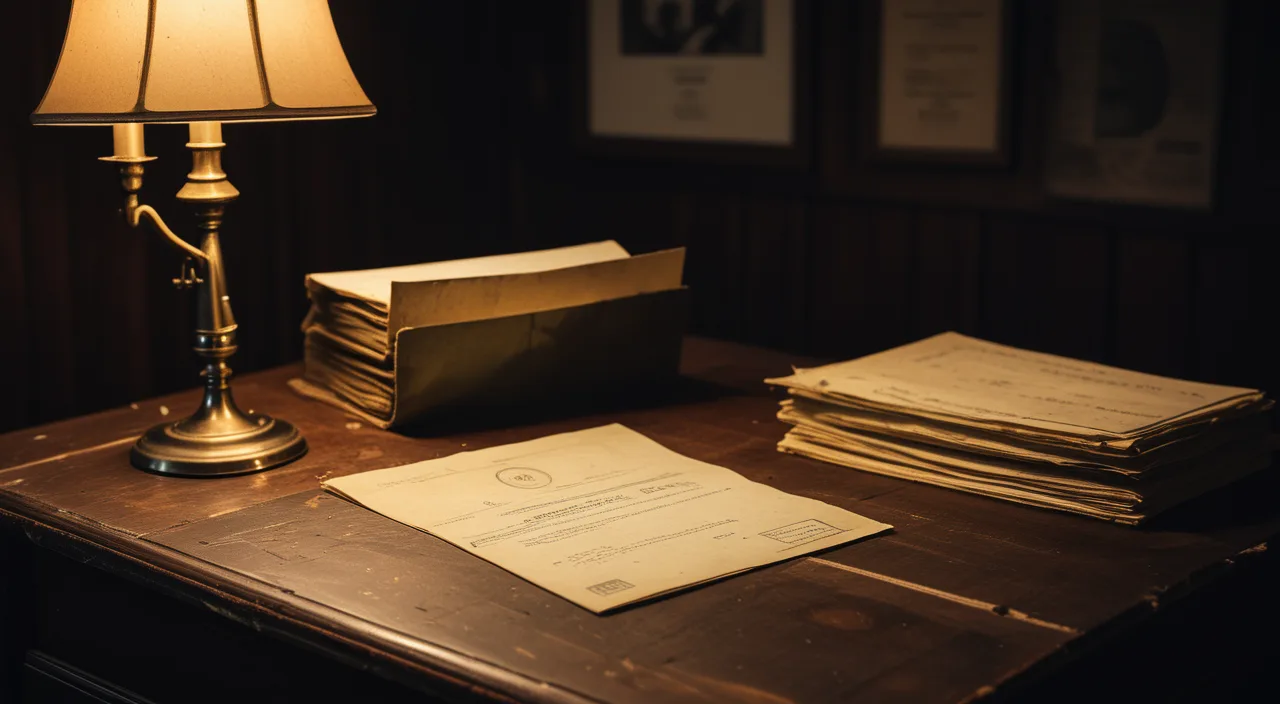 An old family property deed and records folder on a wooden desk under warm light