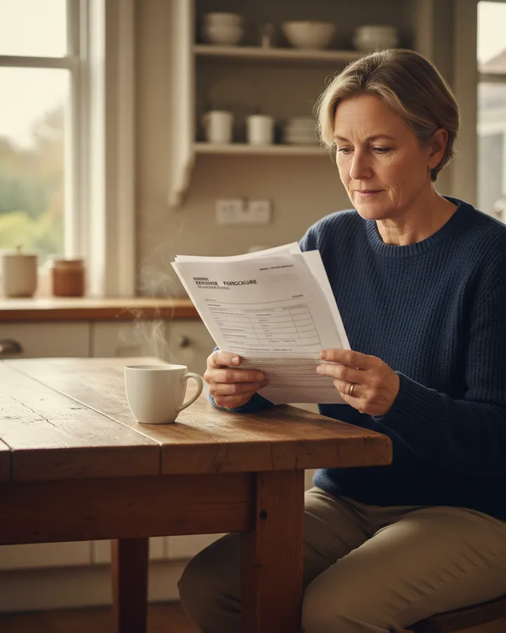 A former homeowner reviewing foreclosure and county-record paperwork at a kitchen table
