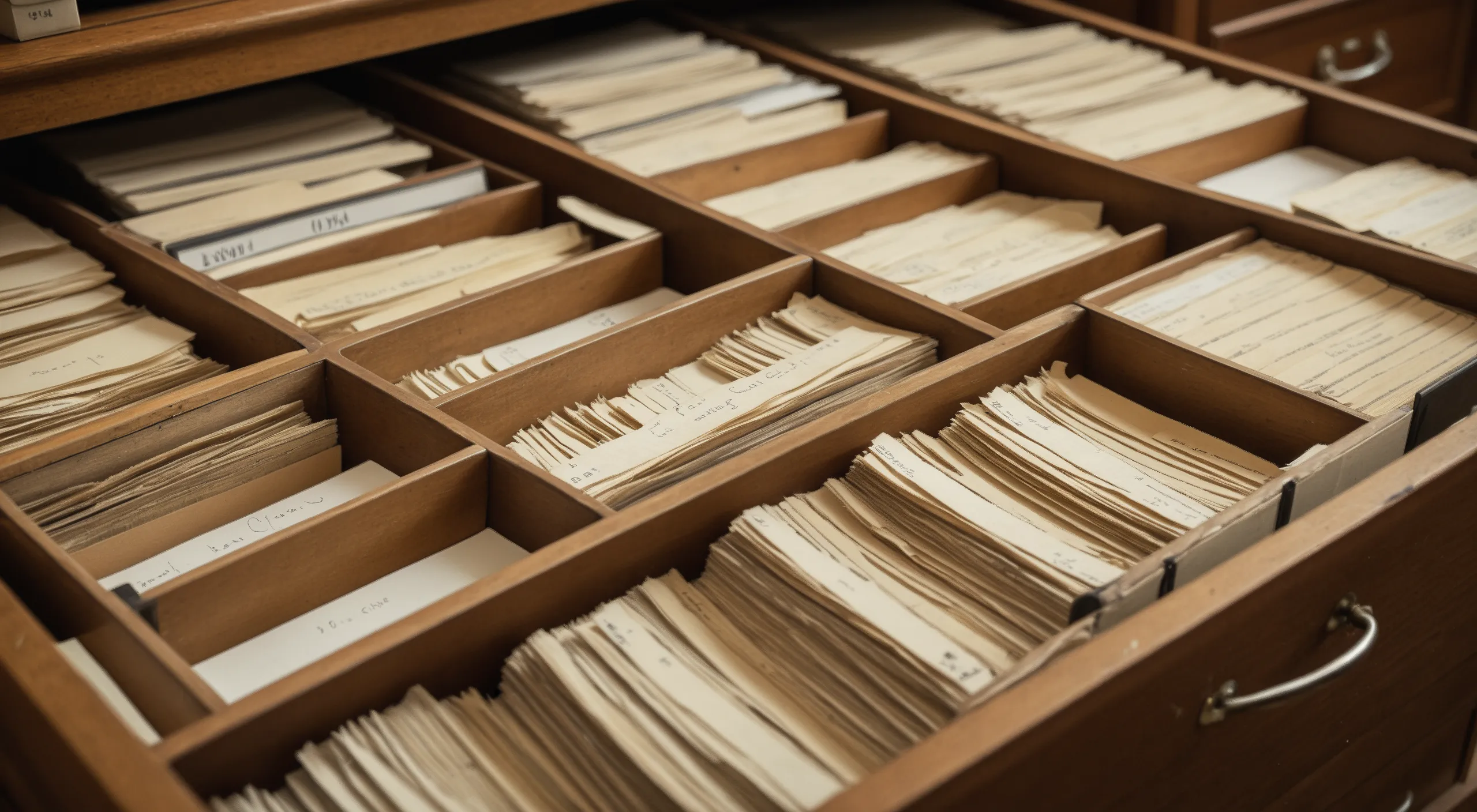 An open county records drawer of aged index cards under warm archival light