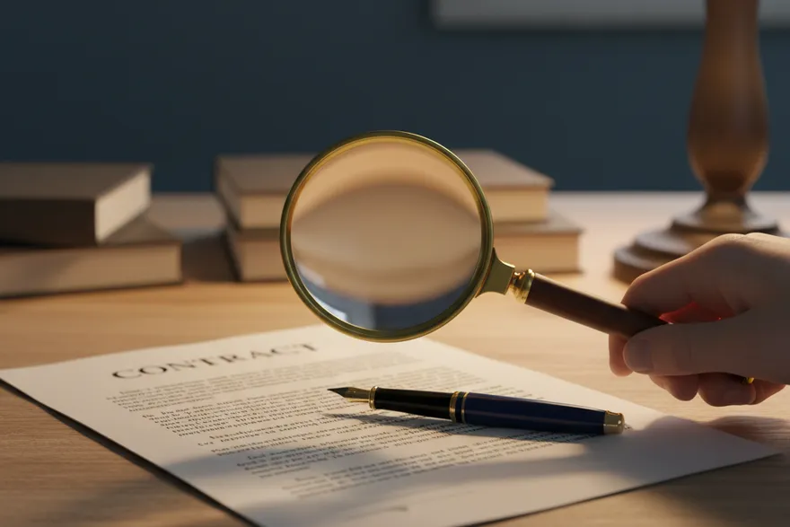 A contract with a magnifying glass, representing scrutiny of a surplus recovery agreement