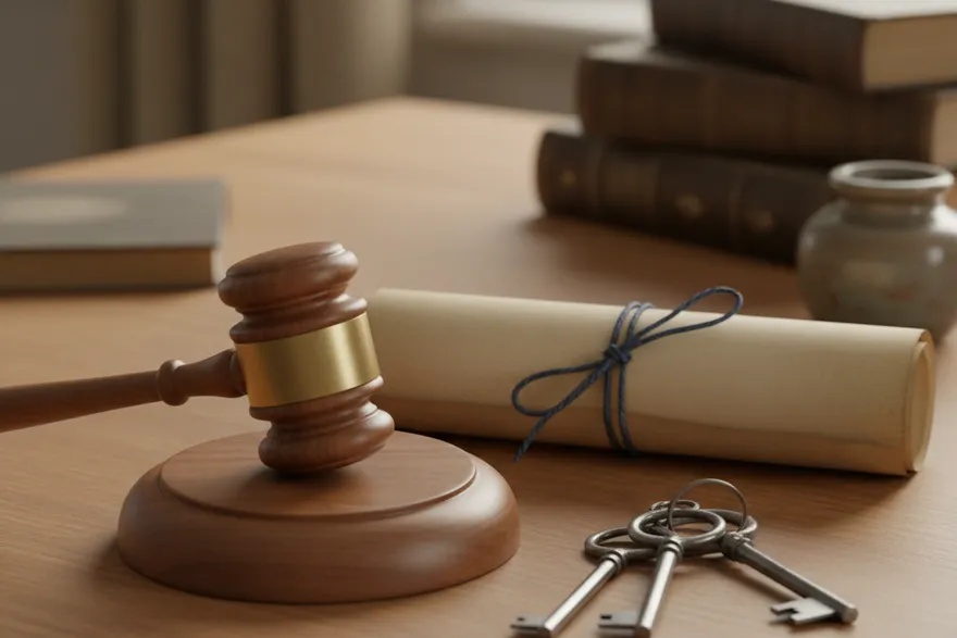 Auction gavel and a property deed representing leftover proceeds from a foreclosure sale